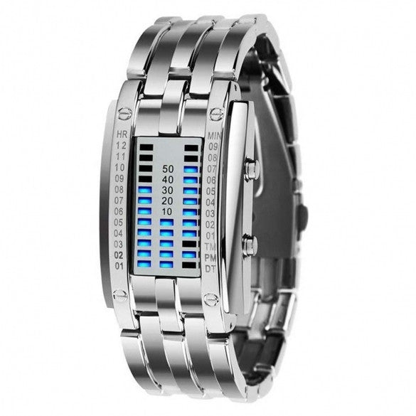 Unisex Men Women Stainless Steel Date Binary Digital LED Bracelet Sport Watches