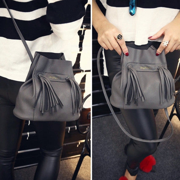 Fashion Women Soft Shoulder Bag Drawstring Bucket Bag With Tassel