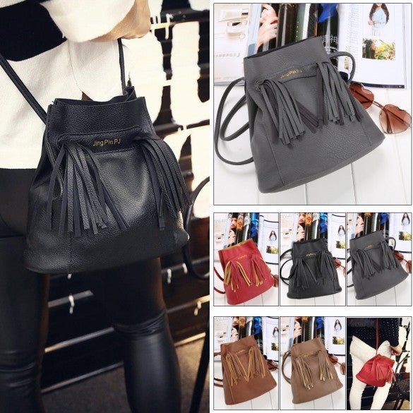 Fashion Women Soft Shoulder Bag Drawstring Bucket Bag With Tassel