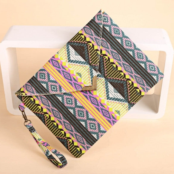 New Women Canvas Envelop Clutch Bag National Style Geometric Casual Party Handbag