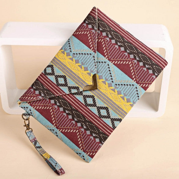 New Women Canvas Envelop Clutch Bag National Style Geometric Casual Party Handbag