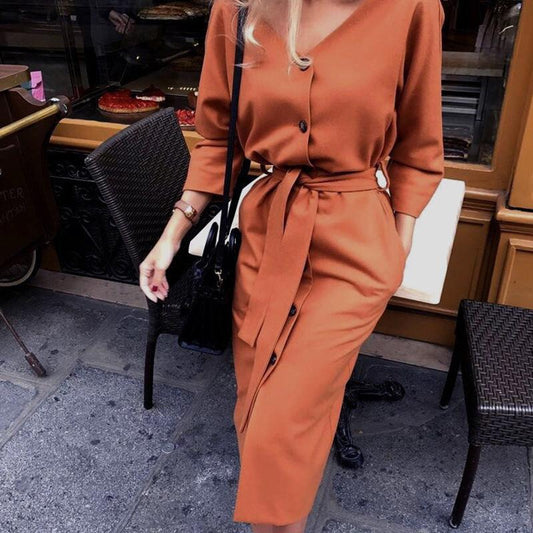 Sexy V Neck Autumn Long Sleeve Women Dress Ladies Sashes Button Casual Office Dress Women Midi Dress Vintage