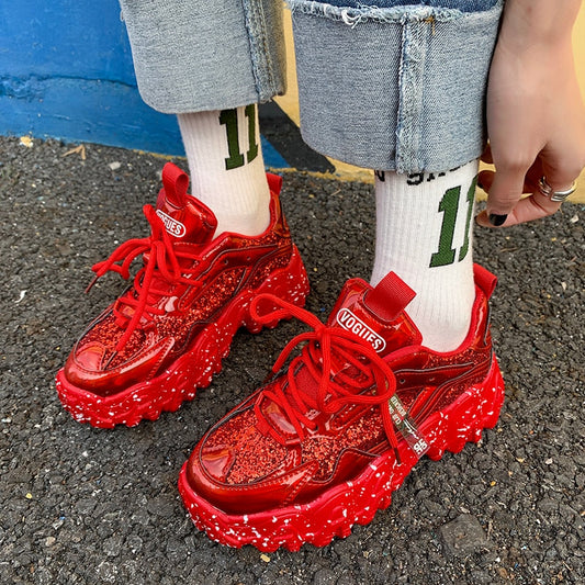 Sequin Lace Up Height Increasing Chunky Sneakers