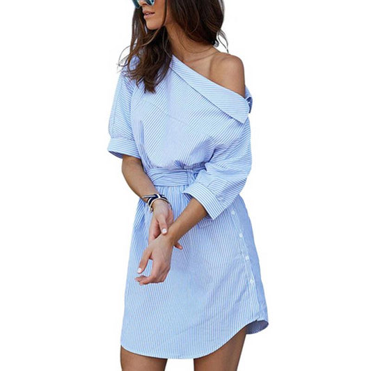 Blue Striped Shirt Short Dress Mini Sexy Side Split Half Sleeve Beach Dresses Plus Size Sundress