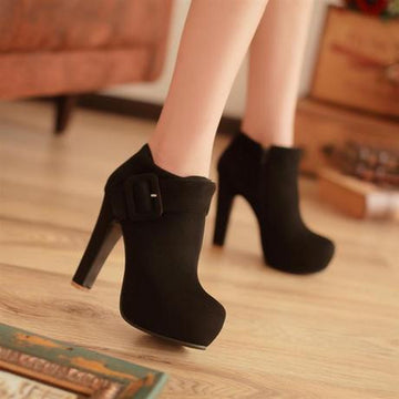 Unique Belt Buckle High Heels Zipper Ankle Boots