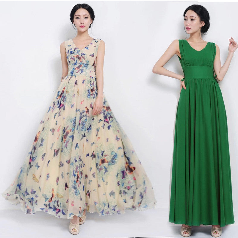 Beautiful Scoop Sleeveless Print Long Pleated Chiffon Dress