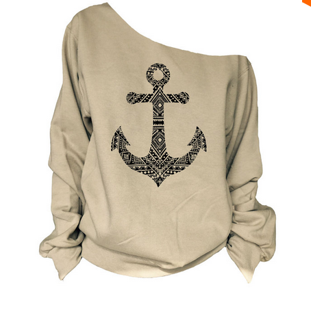 Fashion Anchor Print Skew Neck Sweatshirt T-shirt