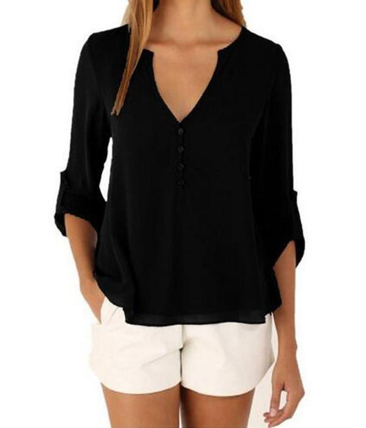 V-neck Long Sleeves Loose Plus Size Chiffon Blouse