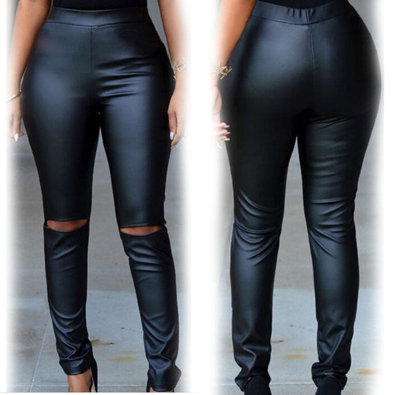 Black PU Holes Elastic Waist Pencil Pants