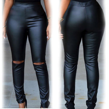 Black PU Holes Elastic Waist Pencil Pants