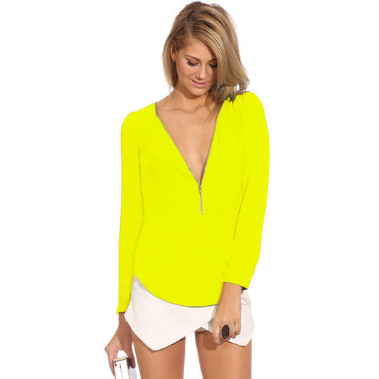 Deep V-neck Long Sleeves Slim Pure Color Zipper Chiffon Blouse