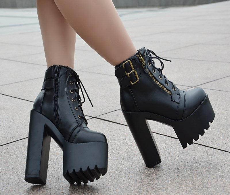 Lace Up Zipper Platform Super High Heels Ankle Boots