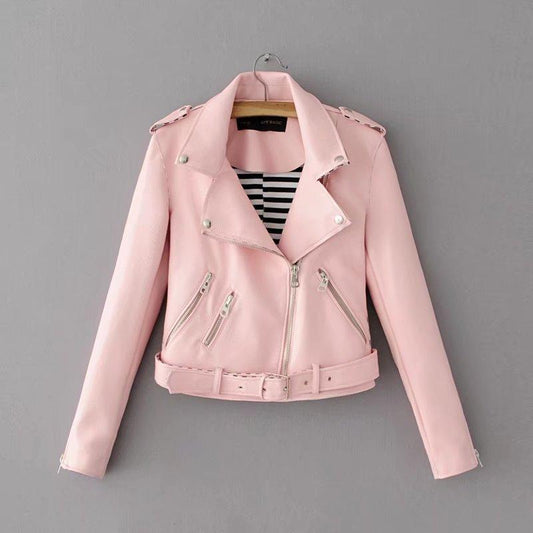 Solid Color Lapel Zippers Women Slim Short Cropped PU Jacket