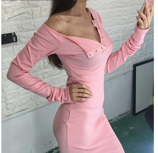 Sexy Scoop Snap Fastener Long Sleeve Bodycon Short Dress