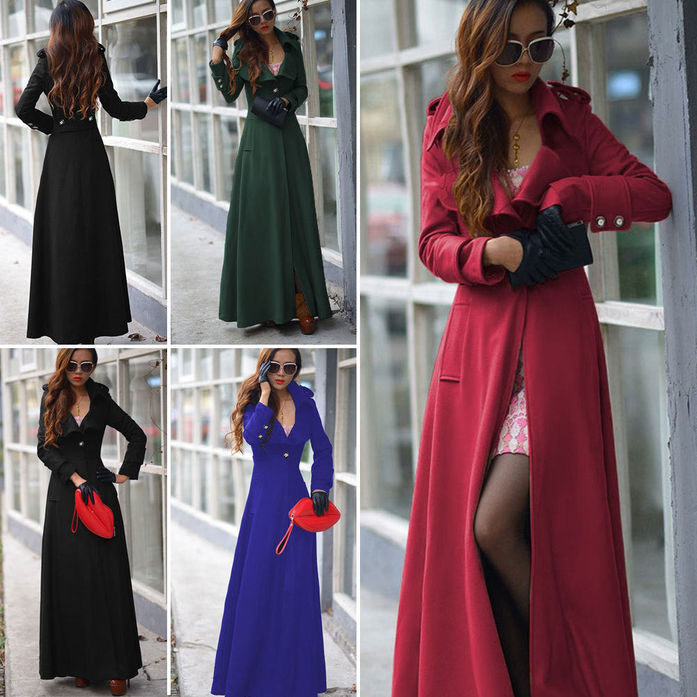 Turn-down Collar Woolen Slim Full Length Coat - Meet Yours Fashion - 2
