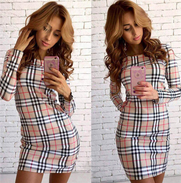 Fashion Plaid Print Long Sleeve Scoop Short Bodycon Dress