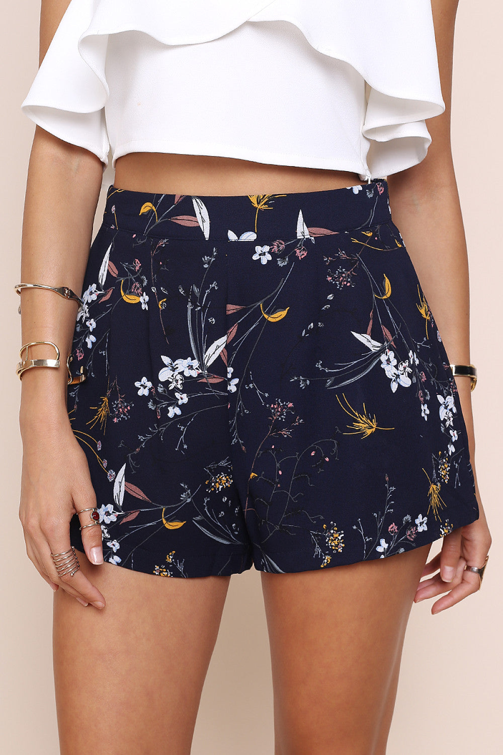 Floral Print High Waist Loose Polyester Shorts
