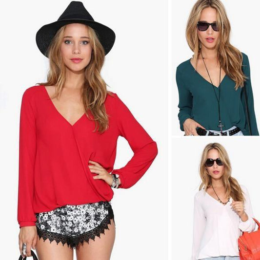 V-neck Long Sleeves Casual Plus Size Chiffon Blouse