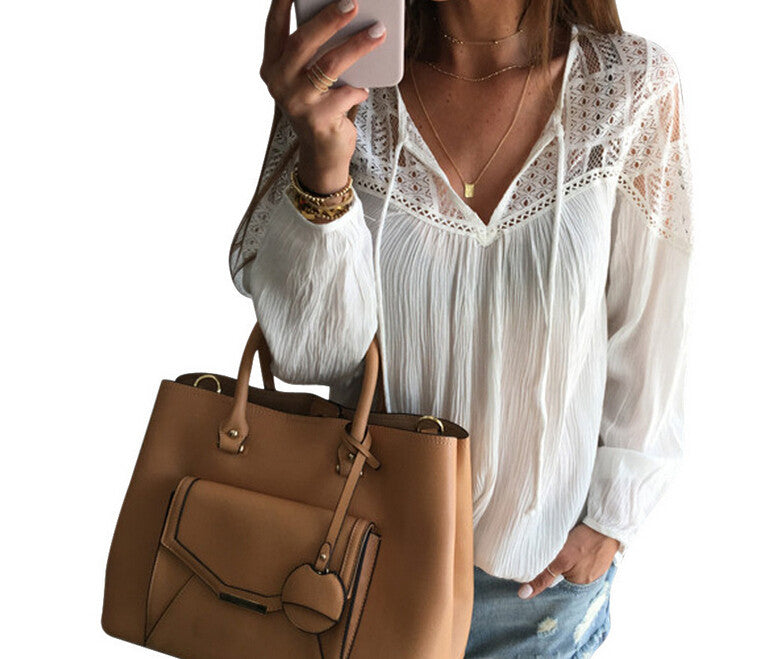 Lace Patchwork V-neck Casual Pure Color Blouse