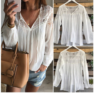 Lace Patchwork V-neck Casual Pure Color Blouse