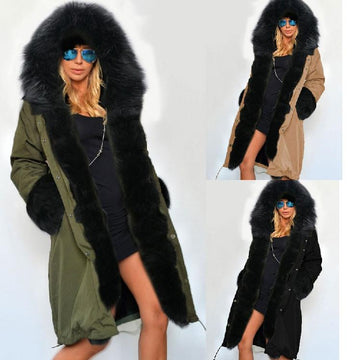 Clearance Zipper Hooded Faux Fur Cuff Long Cotton Coat