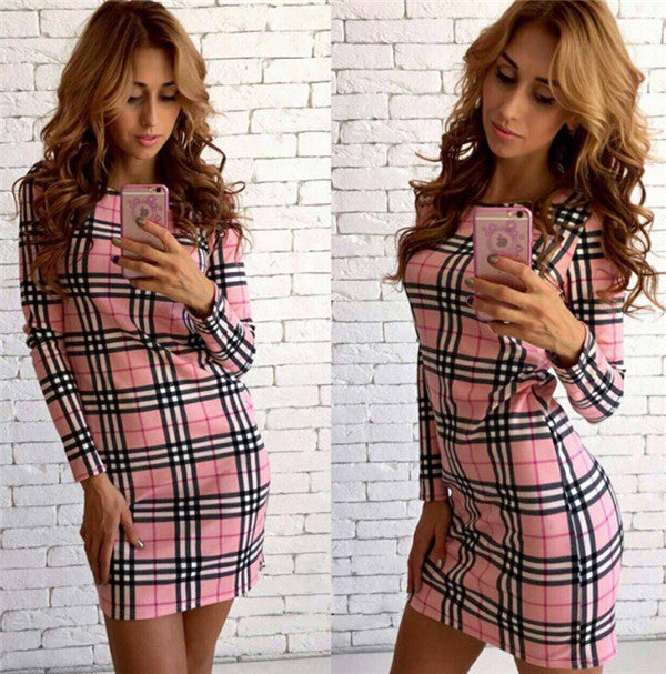 Fashion Plaid Print Long Sleeve Scoop Short Bodycon Dress