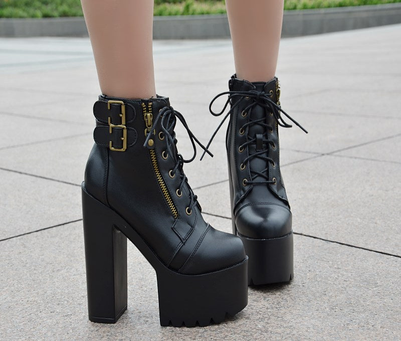 Lace Up Zipper Platform Super High Heels Ankle Boots