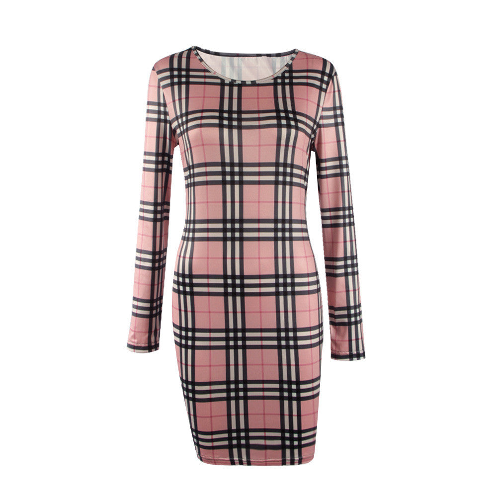 Fashion Plaid Print Long Sleeve Scoop Short Bodycon Dress