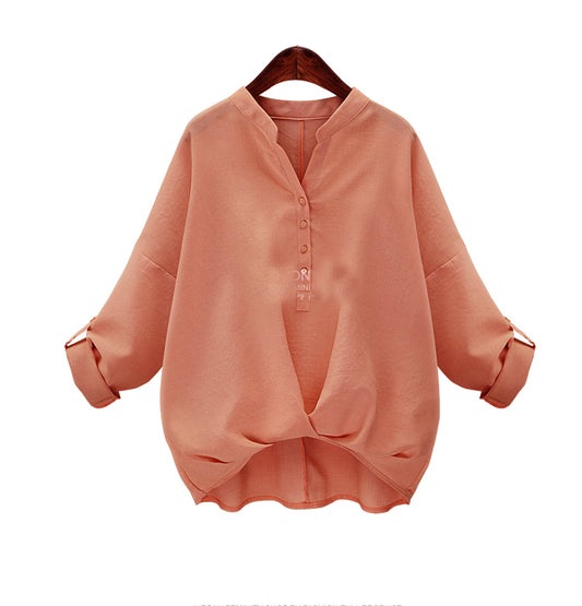 Long Sleeves V-neck Pure Color Regular Blouse