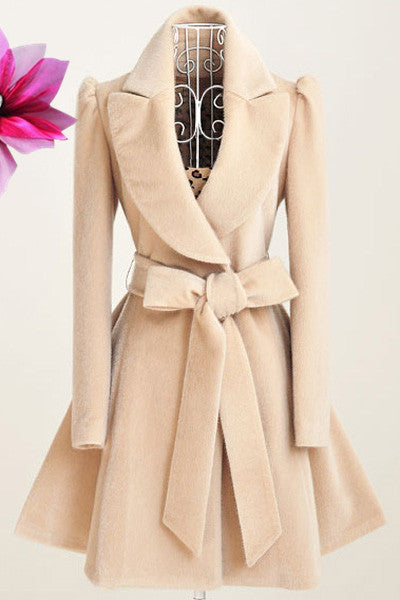 Pure Color Belt V-neck Bowknot Belt Long Sleeves Long Coat