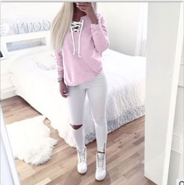 Pure Color Round Lace Up Long Sleeves Sweatshirt