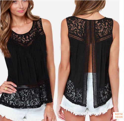 Sleeveless Scoop Lace Patchwork Spilt Crochet Blouse