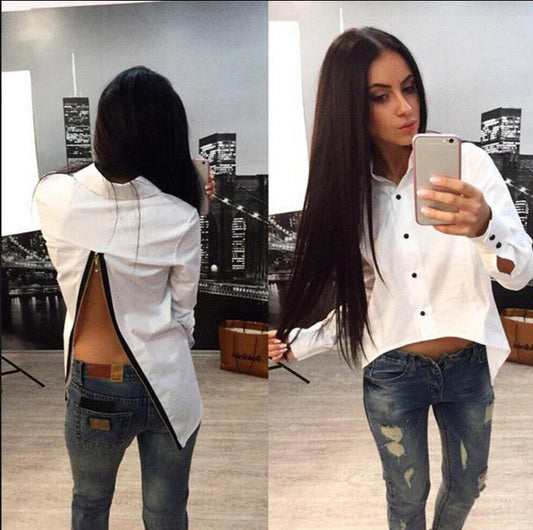 Turn-down Collar Long Sleeves Backless Split Pure Color Blouse