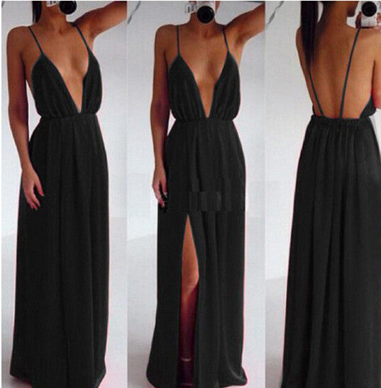 Deep V-neck Straps Split Backless Long Dress - MeetYoursFashion - 2