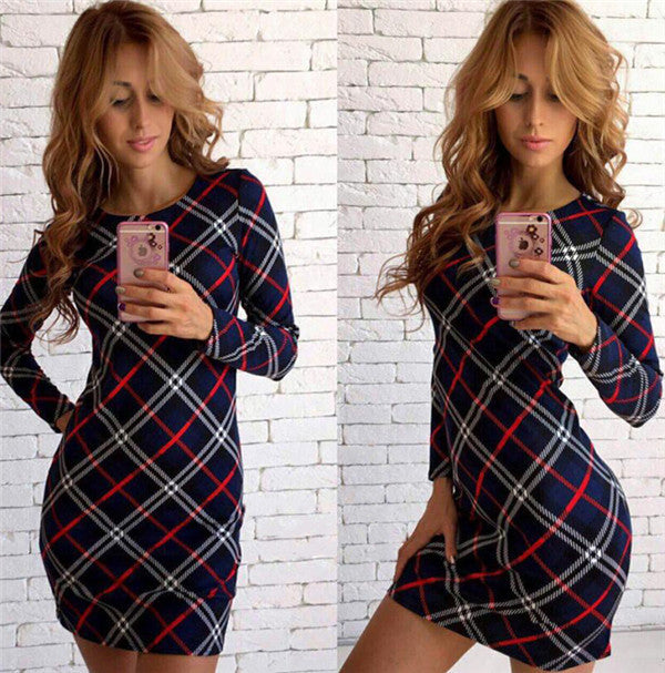 Fashion Plaid Print Long Sleeve Scoop Short Bodycon Dress