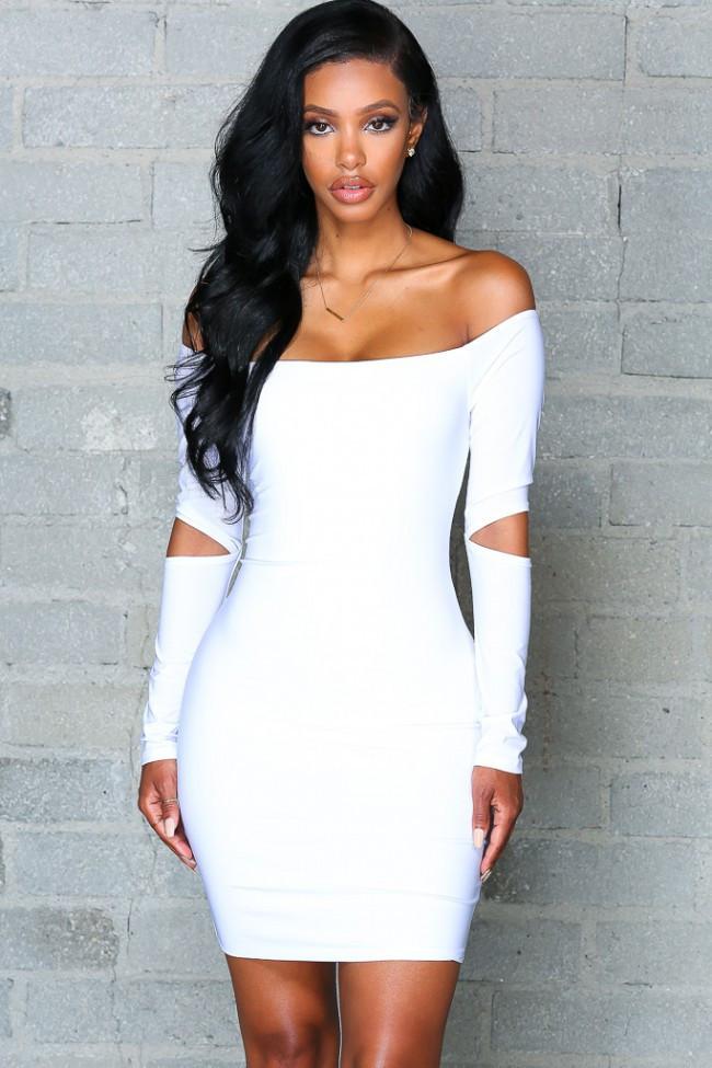 Pure Color Off Shoulder Hollow Sleeve Short Bodyon Dress