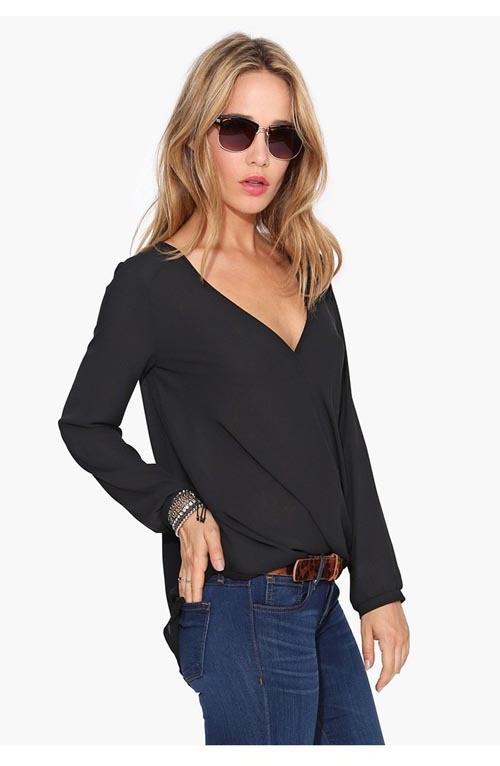 V-neck Long Sleeves Casual Plus Size Chiffon Blouse