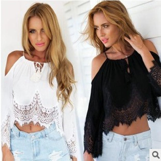 Off-shoulder Lace Patchwork Crop Top Long Sleeve Chiffon Blouse