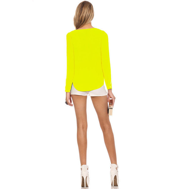 Deep V-neck Long Sleeves Slim Pure Color Zipper Chiffon Blouse