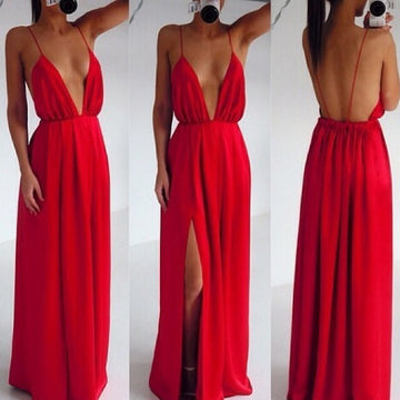 Deep V-neck Straps Split Backless Long Dress - MeetYoursFashion - 1