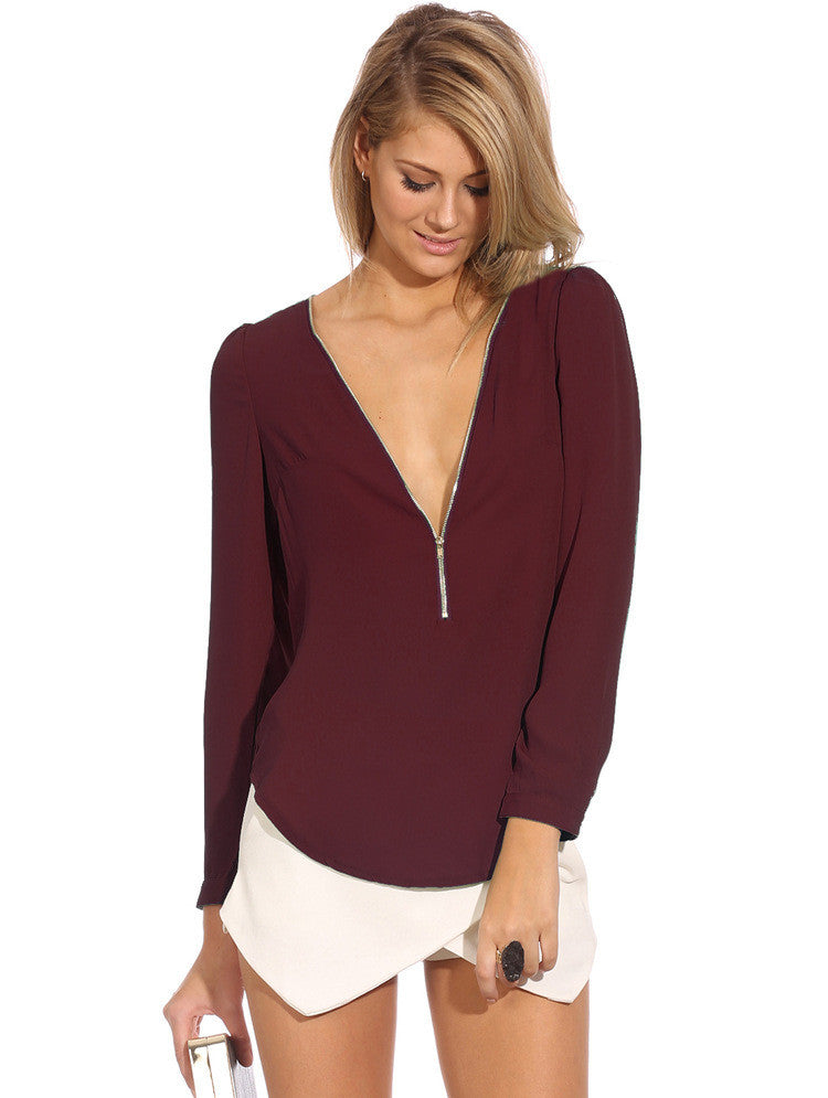 Deep V-neck Long Sleeves Slim Pure Color Zipper Chiffon Blouse