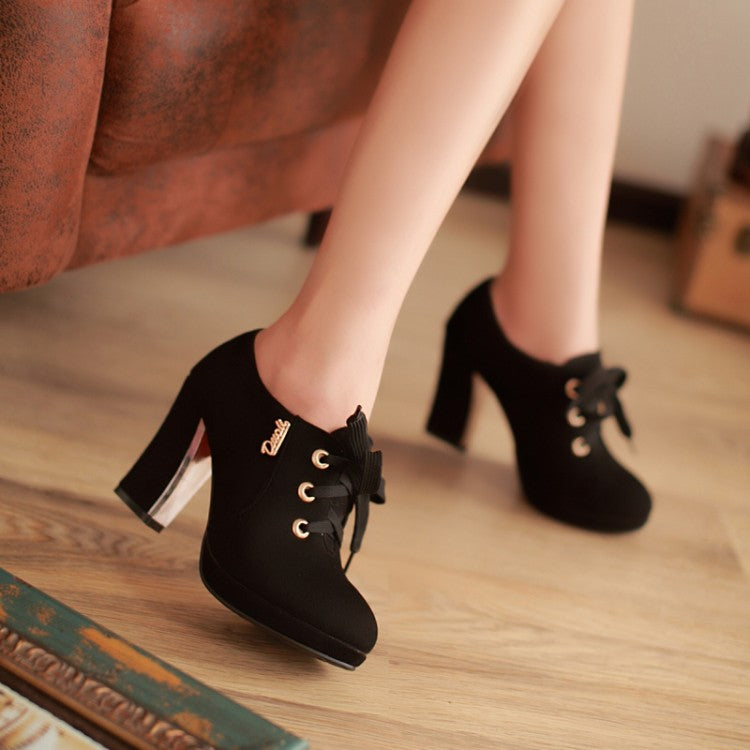 Solid Color Lace Up Round Toe Middle Chunk Heels Short Boots