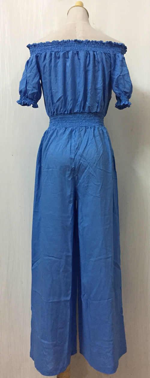 Off Shoulder Elastic Waist Puff Short Sleeve Wide Leg Long Jumpsuit
