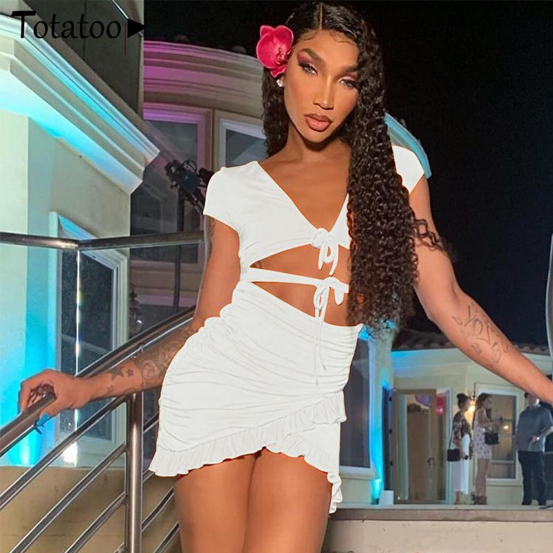 Lace Up V Neck Ruched Bodycon Mini Dress Women Summer Hollow Out Ruffles Sundress Beachwear