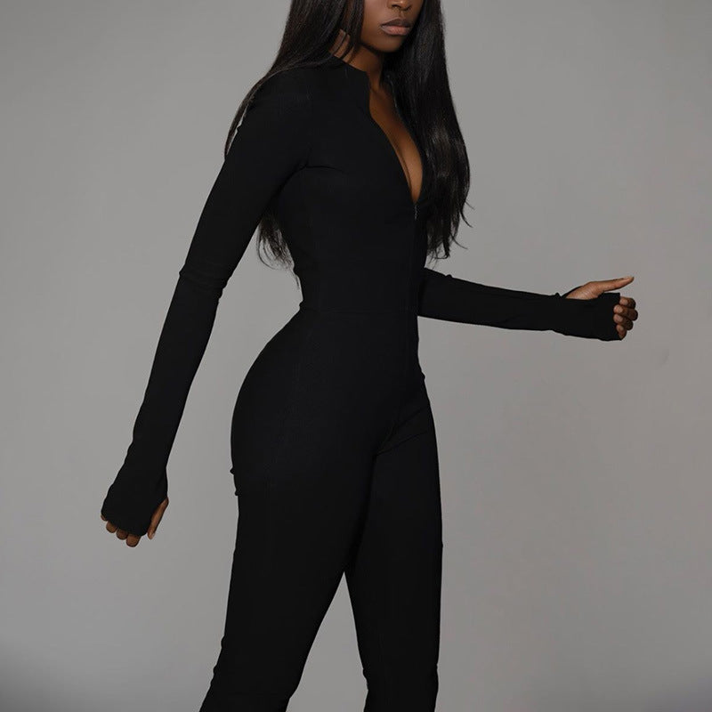 Plain Long Sleeve Zipper Bodycon Skinny Jumpsuits