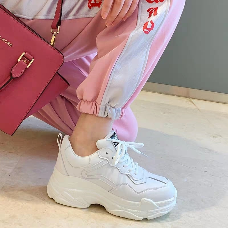 White Chunky Lace Up Height Increasing Sneakers