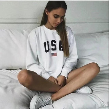 Winter Wram Usa Letter Print Women Fashion Long Sleeve Hoodie Sweatshirt Harajuku Jumper Hooded Pullover Tops Casual Loose Coat