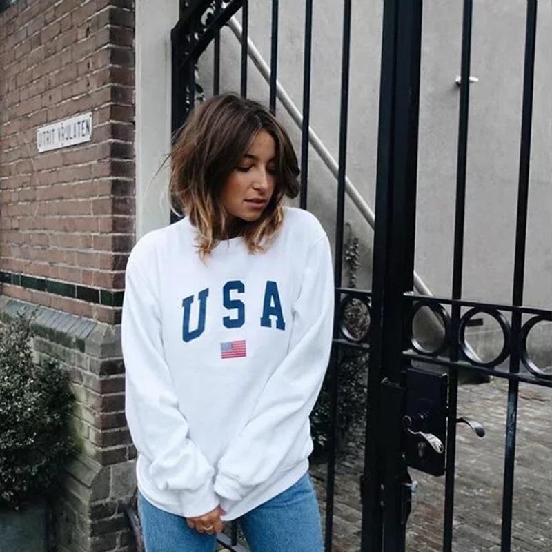 Winter Wram Usa Letter Print Women Fashion Long Sleeve Hoodie Sweatshirt Harajuku Jumper Hooded Pullover Tops Casual Loose Coat