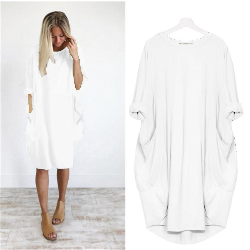 Women Casual Loose Dress With Pocket Ladies Fashion O Neck Long Tops Female T Shirt Dress Streetwear