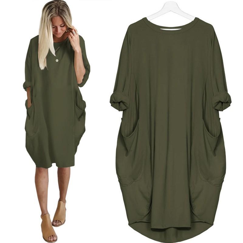 Women Casual Loose Dress With Pocket Ladies Fashion O Neck Long Tops Female T Shirt Dress Streetwear